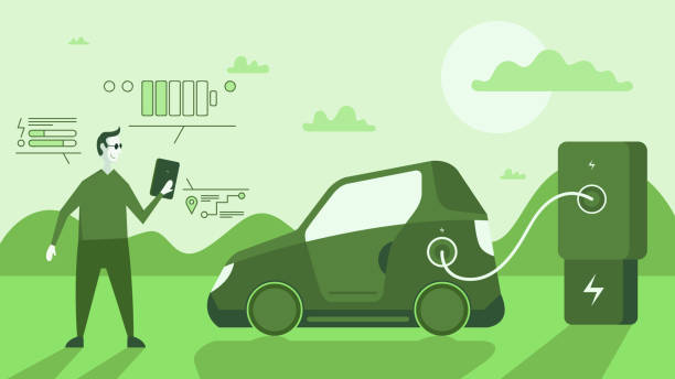 ilustrações de stock, clip art, desenhos animados e ícones de electric car charging at the charger station - man energy turbine