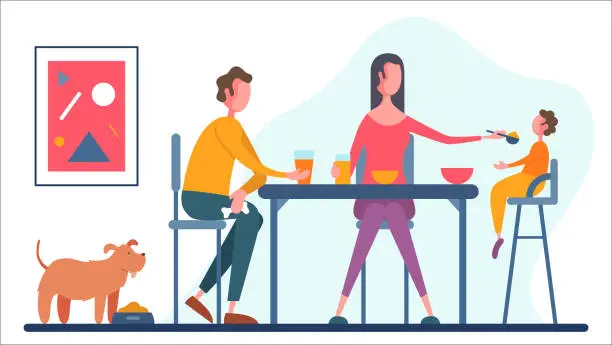 Vector illustration of Modern family having breakfast at home