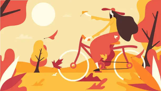 Vector illustration of Woman riding bicycle in forest