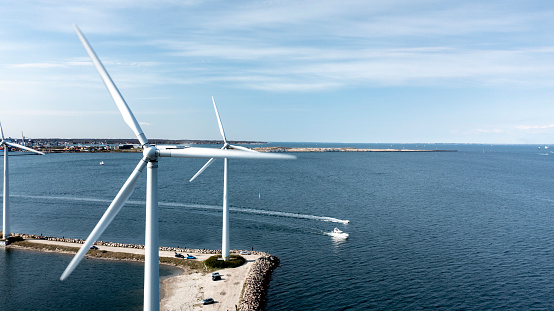 In connection with a treatment plant on Refshaleøen, Copenhagen Denmark, a number of wind turbines have been built out to the Øresund