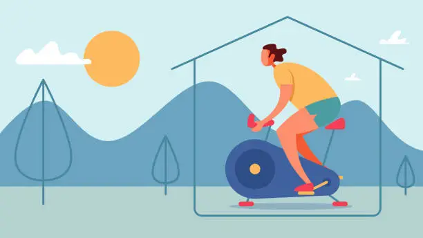 Vector illustration of Man riding stationary bike stay at home