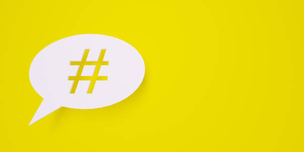 istock Hashtag Concept. Yellow background banner with copy space and baloon tip contains hashtag symbol. 3D Rendering. 1318319364