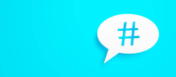 istock Hashtag Concept. Blue background banner with copy space and balloon tip contains hashtag symbol. 3D Rendering 1318319371