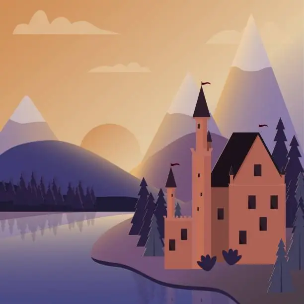 Vector illustration of Sunset landscape with magic castle near lake, mountains and pine forest. Fairytale palace under yellow purple sky. Fantasy medieval architecture. Cartoon vector illustration