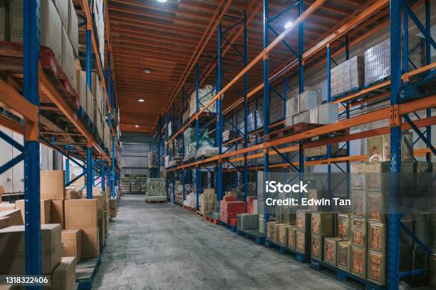 Supermarket Warehouse With Rack Shelf Storage Carton Box Cardboard Box And Tin Stock Photo - Download Image Now