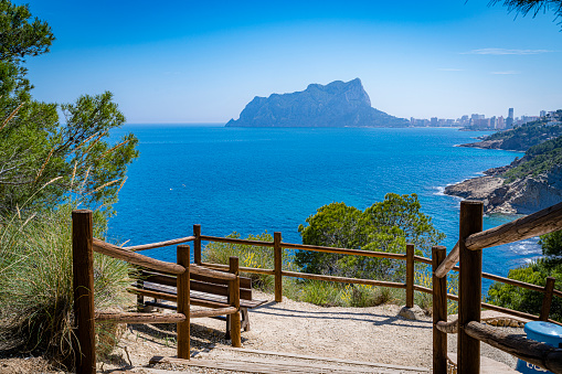 View of the landscape and the Mediterranean Sea from a mountain on the Greek island of Kos.