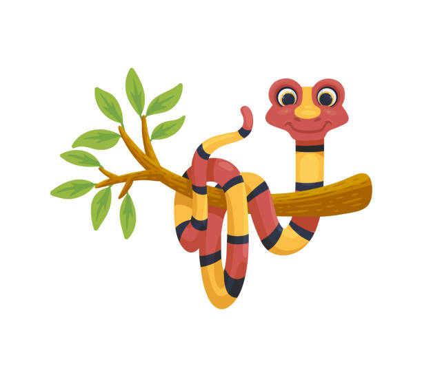 süße cartoon schlange auf baum zweig - glücklich reptil tier mit streifen - snake white curled up animal stock-grafiken, -clipart, -cartoons und -symbole