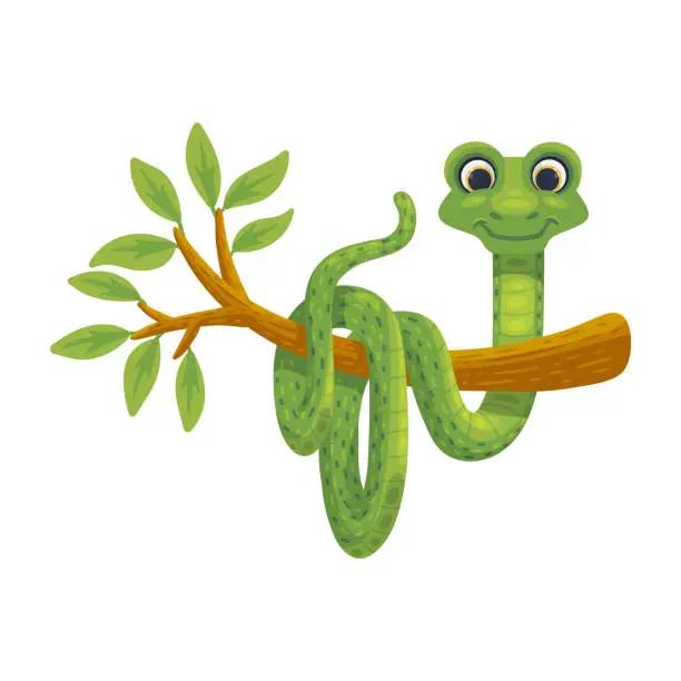 Vector illustration of Cartoon character of snake hanging on tree, flat vector illustration isolated.