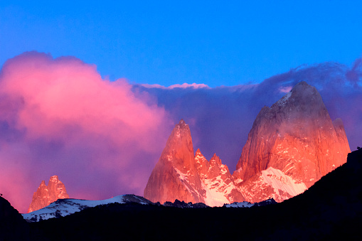 Sunrise hiting the Fitz Roy peak in El Chalten, Patagonia, Argentina