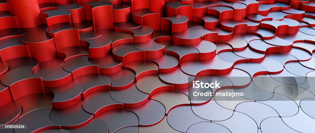 Futuristic art structure design with red metallic jigsaw tile pieces raising from the floor, close-up composition Jigsaw Puzzle Stock Photo