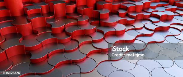 Futuristic Art Structure Design With Red Metallic Jigsaw Tile Pieces Raising From The Floor Closeup Composition Stock Photo - Download Image Now