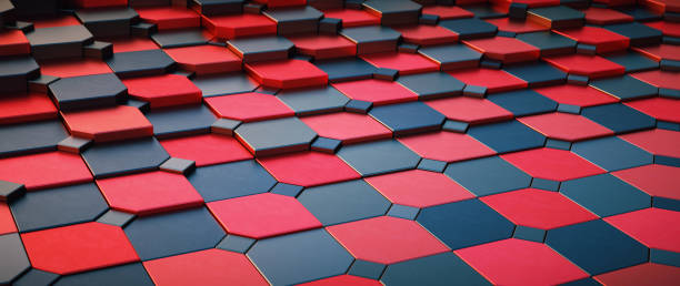 istock Colorful red and black square mosaic floor in an uneven checked pattern - low angle surface perspective 1318325953