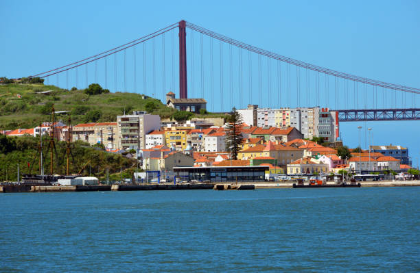 Almada / Cacilhas, Setúbal District, Portugal: waterfront and boat terminal - skyline with the April 25 bridge in the background - Tagus River estuary, Mar da Palha