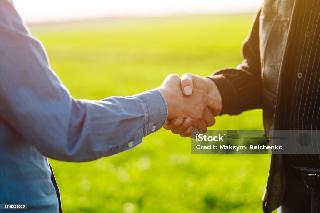 Handshake two farmer after agreement.  Two farmer standing and shaking hands in a  green wheat field. Handshake two farmer after agreement.  Two farmer standing and shaking hands in a  green wheat field. The concept of the agricultural business. Negotiations. Handshake Stock Photo