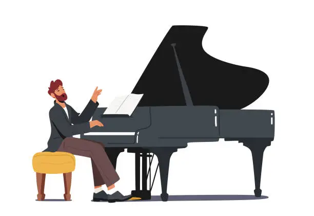 Vector illustration of Pianist in Concert Costume Playing Musical Composition on Grand Piano for Symphonic Orchestra or Opera Performance