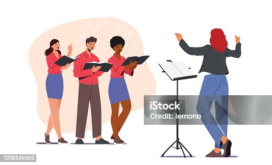 istock Singers Choir Event. Characters Singing in Chorus. Young Men and Women with Singing Books Perform Musical Composition 1318334505