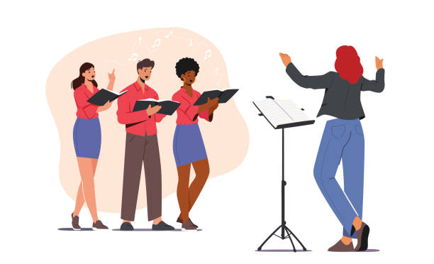 Singers Choir Event. Characters Singing in Chorus. Young Men and Women with Singing Books Perform Musical Composition Singers Choir Event. Characters Singing in Chorus. Young Men and Women with Singing Books Perform Musical Composition on Scene with Conductor Manage Process. Cartoon People Vector Illustration music class stock illustrations