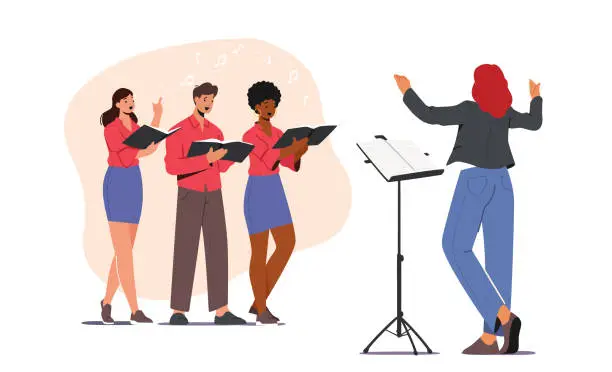 Vector illustration of Singers Choir Event. Characters Singing in Chorus. Young Men and Women with Singing Books Perform Musical Composition