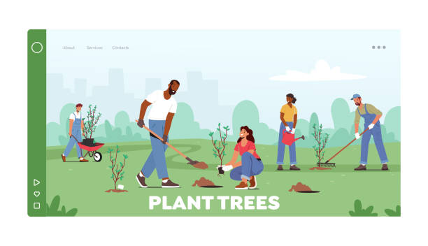 Reforestation Landing Page Template. World Environment Day, Characters Planting Seedlings and Growing Trees into Soil Reforestation Landing Page Template. World Environment Day, Characters Planting Seedlings and Growing Trees into Soil Working in Garden, Save World, Earth Day. Cartoon People Vector Illustration cartoon earth happy planet stock illustrations
