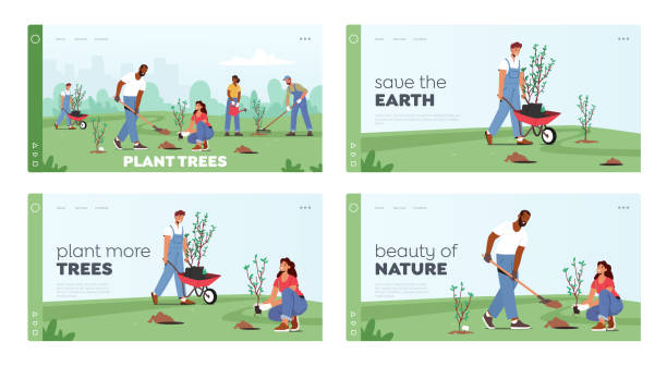Reforestation, World Environment Day Landing Page Template Set. Characters Planting Seedlings and Growing Trees Reforestation, World Environment Day Landing Page Template Set. Characters Planting Seedlings and Growing Trees into Soil Working in Garden, Save World, Earth Day. Cartoon People Vector Illustration planting stock illustrations