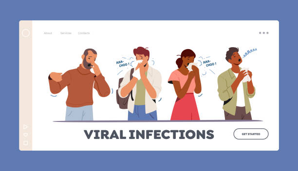 ilustraciones, imágenes clip art, dibujos animados e iconos de stock de personajes enfermos estornudos con nariz moqueada, plantilla de página de aterrizaje de infección viral. síntomas contagiosos de gripe o enfermedad viral - mucosidad