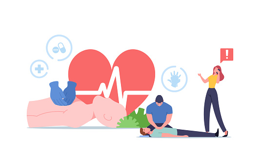 Cardiopulmonary Resuscitation, Cpr Emergency Aid. Medic Character Combine Chest Compression with Cardiac Massage, Artificial Ventilation Effort to Critical Patient. Cartoon People Vector Illustration