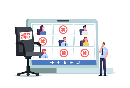 Tiny Company Boss Character Stand at Huge Laptop with Employees Out of Office and Empty Armchair. Absence Work Management, Sick Leave or Vacation Absence Concept. Cartoon People Vector Illustration
