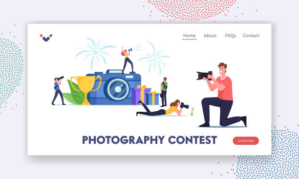 Photo Contest Landing Page Template. Characters Take Part in Photography Competition, Professional Tournament Photo Contest Landing Page Template. Characters Take Part in Photography Competition, Professional Tournament. Tiny Photographers Shoot with Camera at Huge Cup. Cartoon People Vector Illustration championship photos stock illustrations
