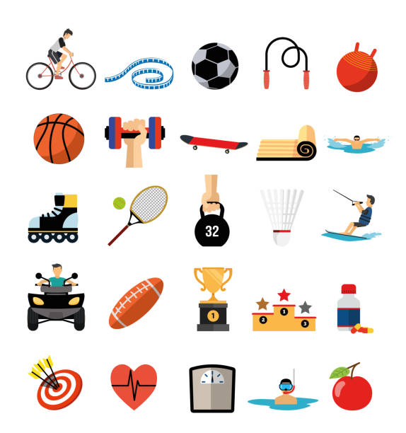 Indoor and Outdoor sport activities and sport equipment flat design vector Icon stock illustration set on white background. Set of Fitness, Workout, Gym Related Line Icons for Mobile and Web. The set contains icons: Basketball ball, pigskin football, weight scale, tape measure, jump rope, tennis racket, swimming, skateboard, skating shoes and more. Sport Elements, equipment, performance and 
Healthy Lifestyle concepts. gym clipart stock illustrations