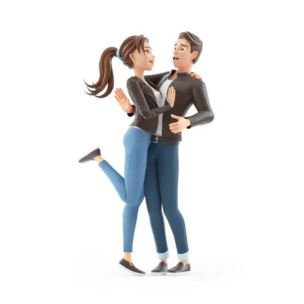 Photo of 3d cartoon woman hugging embarrassed man