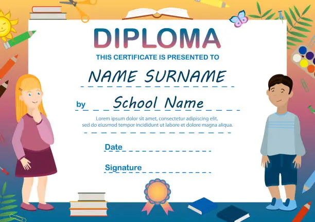 Vector illustration of Diploma template for elementary school. A4 format horizontal. Enter the name, school name, date, signature. Ready to print. Vector illustration. Children's certificate.