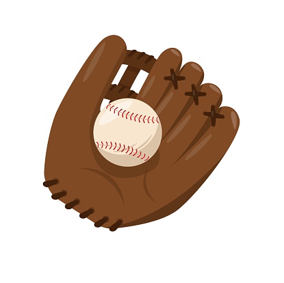 Baseball equipment. Leather brown catching glove with ball. Elements and accessories for sport match. Flat vector icons isolated on white background.