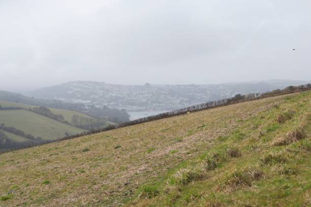 istock Glimpse of the sea behind rolling grass hill fields on a grey day 1318340304