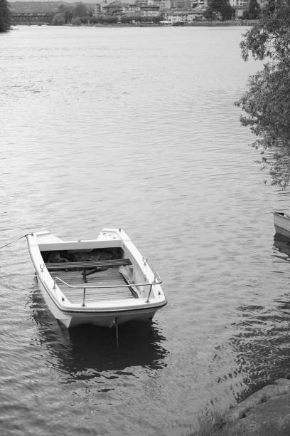 Kulhuse, Northern Zealand, Denmark - August 1st 2024: Flat-bottomed boat build for duck hunting which is a popular way of hunting in Denmark, which has a very long shoreline and plenty of low water areas