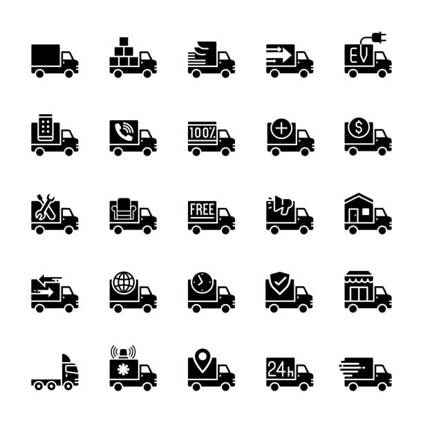 illustrazioni stock, clip art, cartoni animati e icone di tendenza di set di icone camion e trasporti - van delivery van mini van messenger