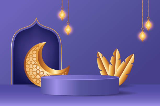 istock Islamic 3d display podium decoration in purple background with realistic golden crescent moon and hanging lanterns. Product presentation suitable for Ramadan, Eid al Adha, Eid al Fitr. 1318343889