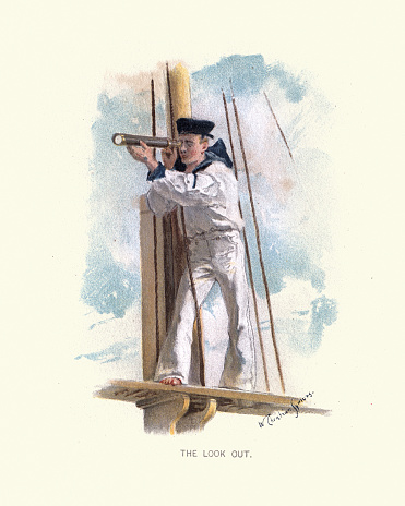 Vintage illustration of Royal Navy sailor on look out up the mast, using telescope, British Victorian military, 19th Century
