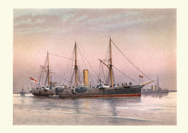 HMS Mohawk, Archer-class torpedo cruiser of the Royal Navy, 19th Century Vintage illustration of HMS Mohawk (1886) an Archer-class torpedo cruiser of the Royal Navy, built by J. & G. Thompson at Glasgow and launched on 6 February 1886 ironclad stock illustrations