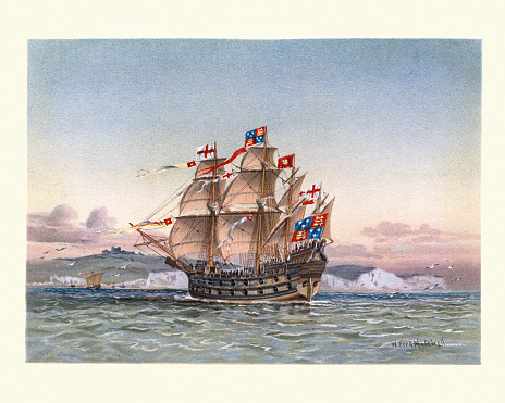 Vintage illustration of Great Harry, or Henry Grace a Dieu, English carrack warship, 16th Century and in her day the largest warship in the world.