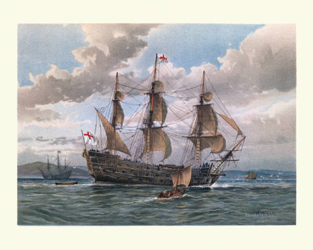 ilustrações de stock, clip art, desenhos animados e ícones de english battleship of the mid 17th century, warship royal navy - 17th century style