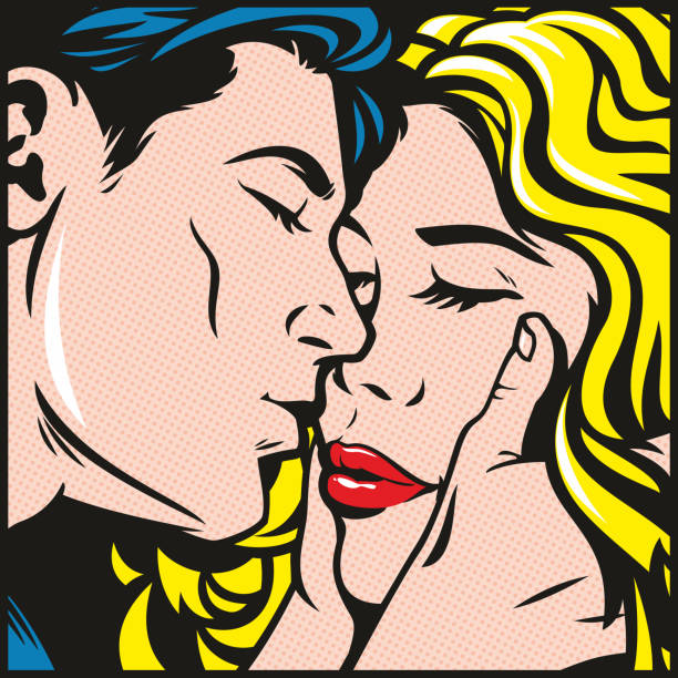 First Kiss Comic book style pop art illustration of a young couple anticipating their first kiss. kissing illustrations stock illustrations
