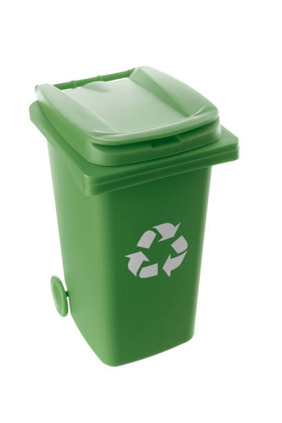 istock Plastic green trash can isolated on white background 1318346765