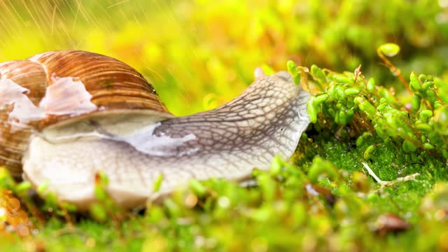 A snail creeps on moss in the rain.