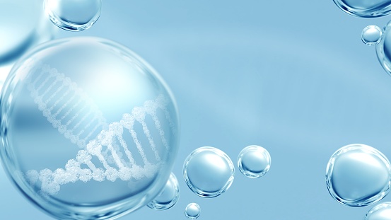 Limpiar las células de burbuja blanca brillante en azul cosmético banner fondo con MRNA helix de ADN photo