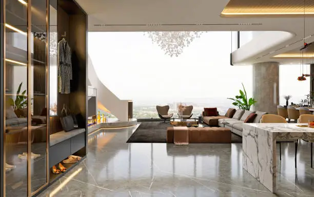 3d render of luxury home interior and living room