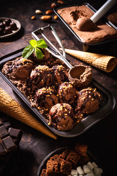 istock Chocolate ice cream scoop ball, waffle cone, chocolates and mint leaf and toppings 1318351443