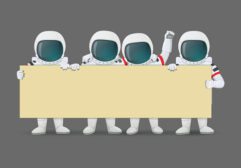 Group of astronauts standing with a big banner and a raised fist. Demonstration, protest, activism illustration. Vector. Cartoon style.