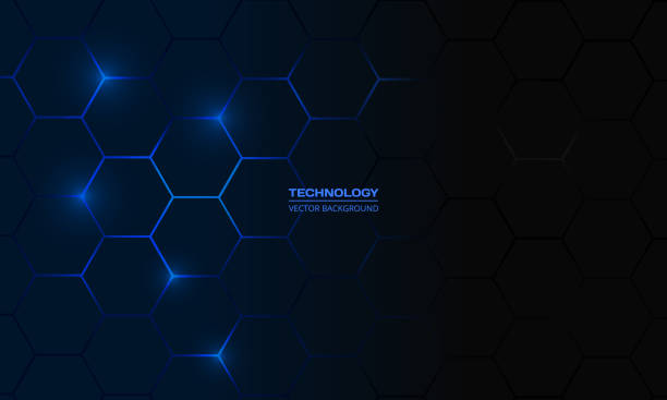 dunkelblau sechseckige technologie vektor abstrakten hintergrund. - banner hexagon backgrounds technology stock-grafiken, -clipart, -cartoons und -symbole