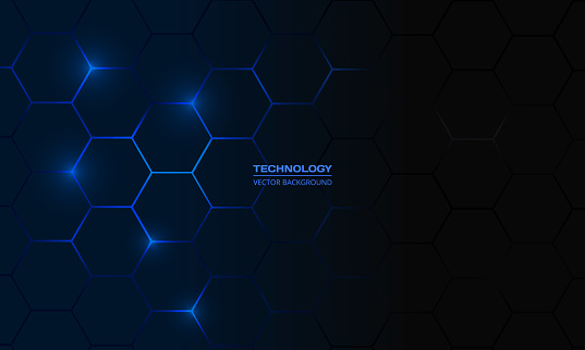 Dark blue hexagonal technology vector abstract background. Blue bright energy flashes under hexagon in modern technology futuristic background vector illustration. Navy blue honeycomb texture grid.