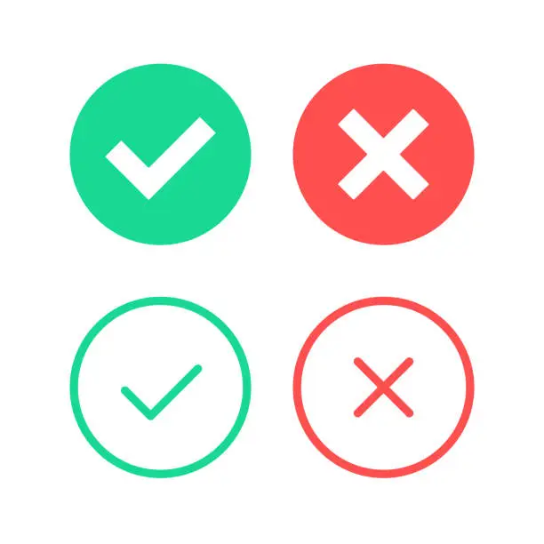 Vector illustration of Check mark icons. Green tick and red cross. Round checkmarks icons. True and false, correct, right and wrong, done, complete concepts. Flat design and thin line design. Vector icons set